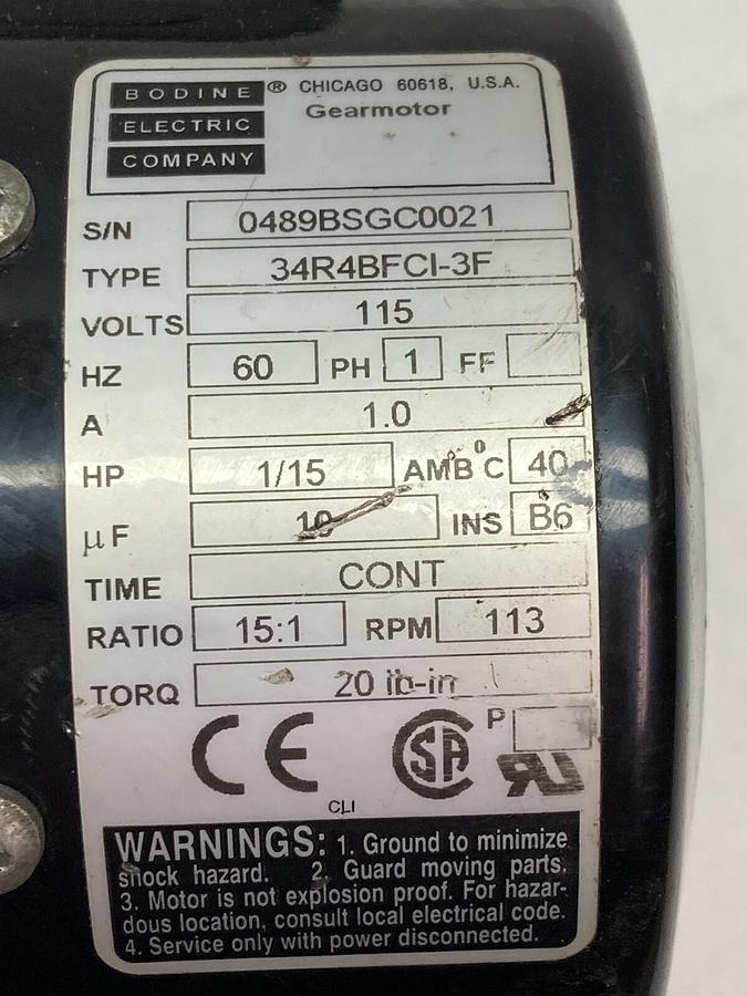 Used Bodine Electric,0489BSGC0021,1-Phase Gearmotor 115V 60HZ