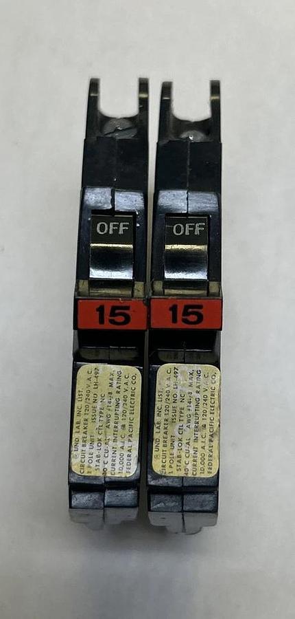 Used FEDERAL PACIFIC,NA115,CIRCUIT BREAKER 15A 120/240V 1P LOT OF 2