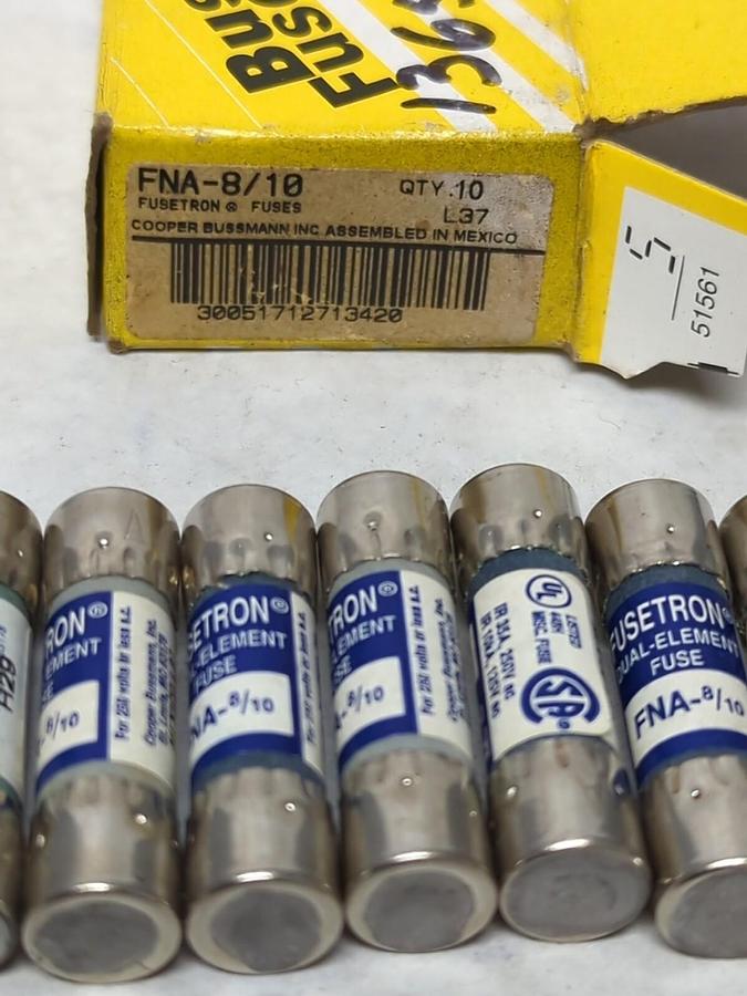 COOPER BUSSMANN,FNA 8/10,FUSETRON 8/10 AMP FUSES BOX OF 10 NOS