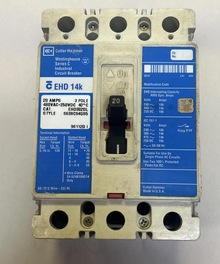 Used CUTLER-HAMMER,EHD3020L,CIRCUIT BREAKER 20A 480V 3P