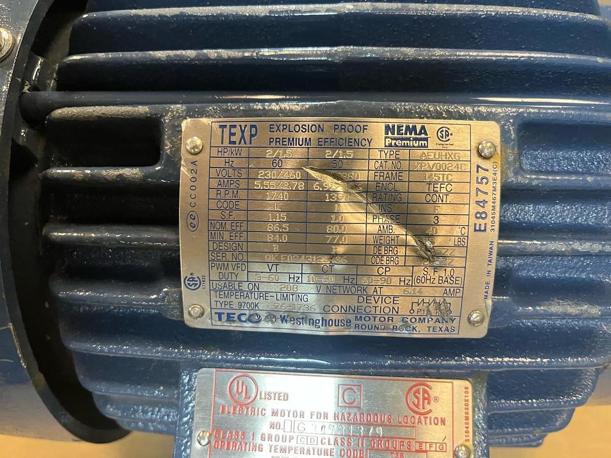 Used TECO,XPV0024C,EXPLOSION PROOF MOTOR 2HP 1740RPM 230/460V 3PH 145TC