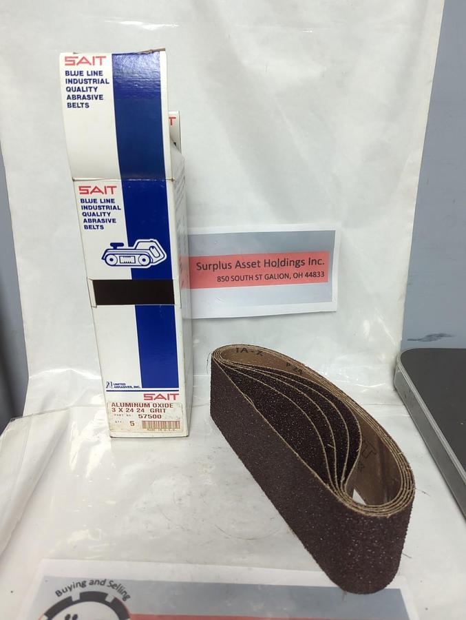 Used SAIT,57500,BLUE LINE INDUSTRIAL ABRASIVE BELTS 3X24 24 GRIT PACK OF 5 NOS