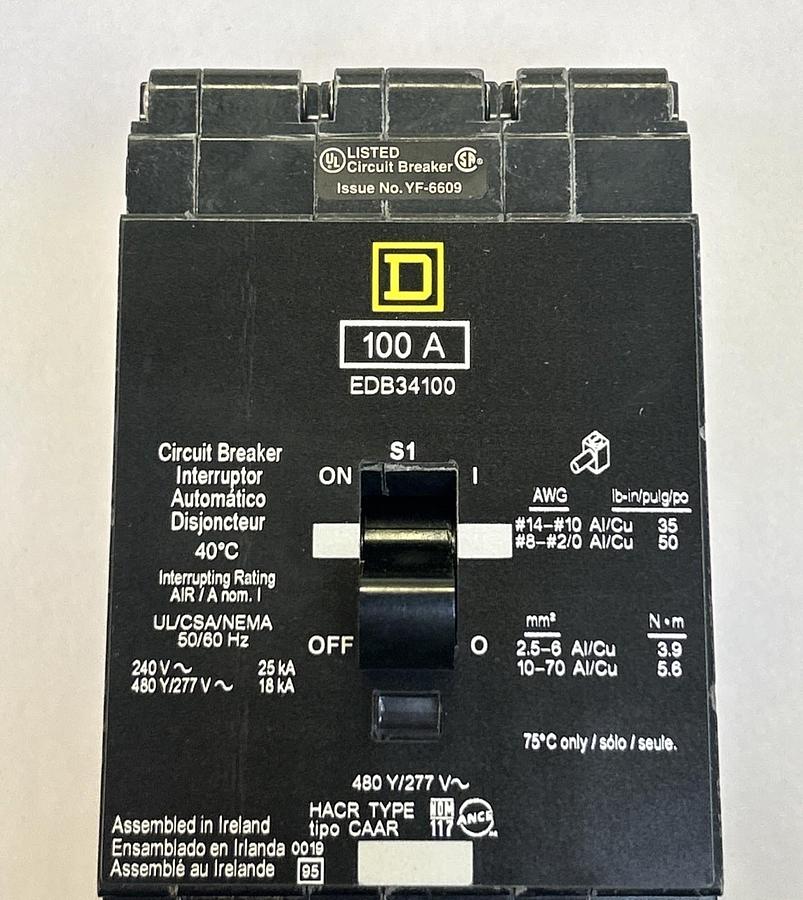 SQUARE D,EDB34100,CIRCUIT BREAKER 100A 480Y / 277V 3P NOS