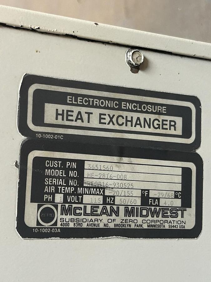 Used MCLEAN MIDWEST,HE-2816-008,HEAT EXCHANGER 1PH 115V -20/155F -29/68C