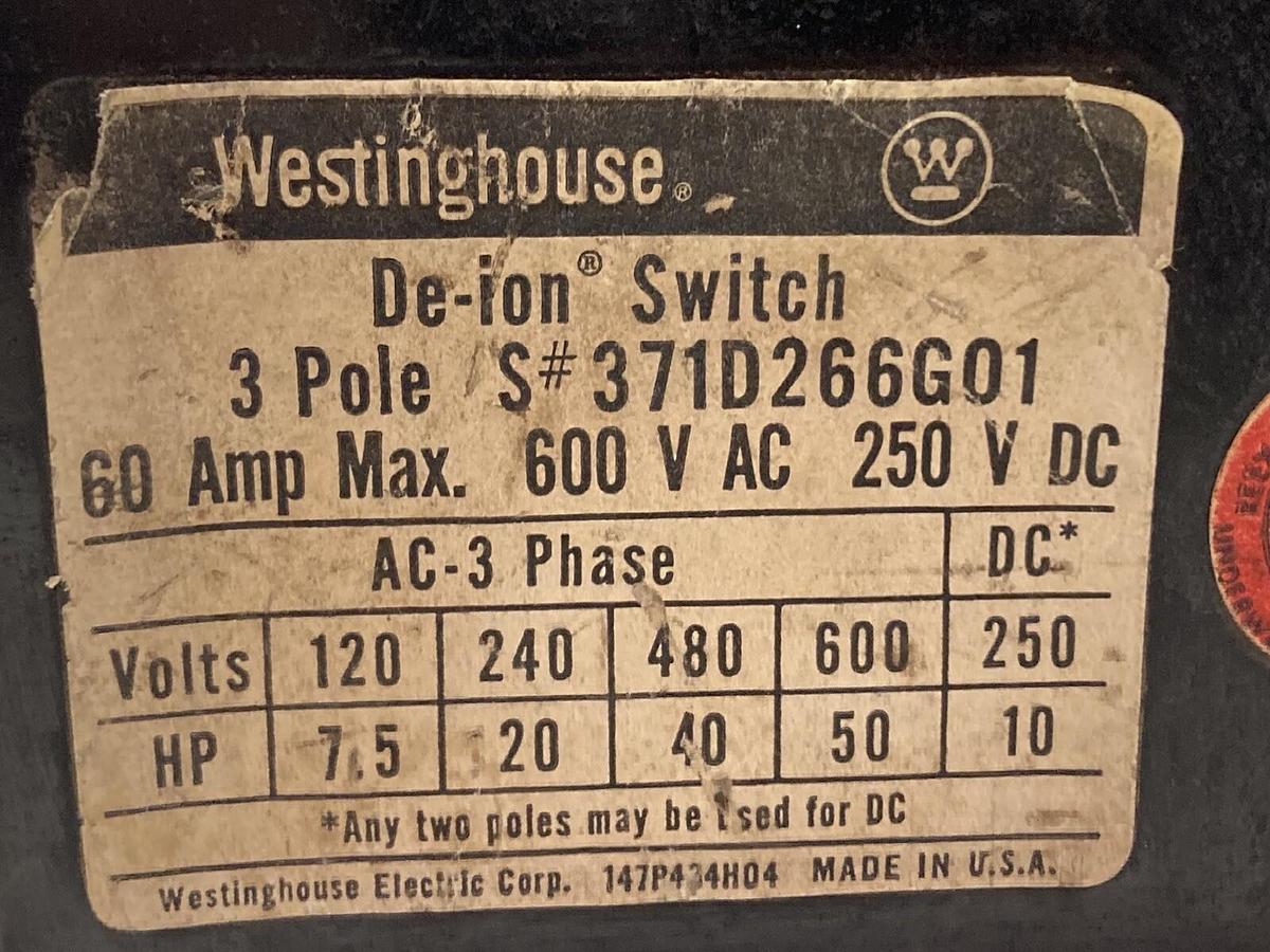 Used Westinghouse,371D266G01,3-Pole De-Ion Switch 60A 600VAC 250VDC