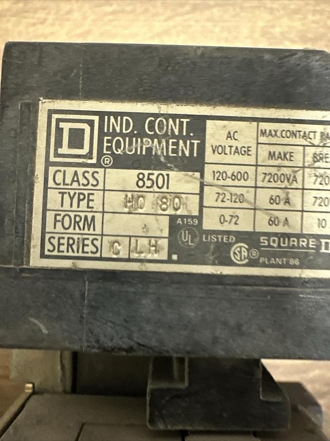 Used Square D,HO-80,6 Pole Contactor