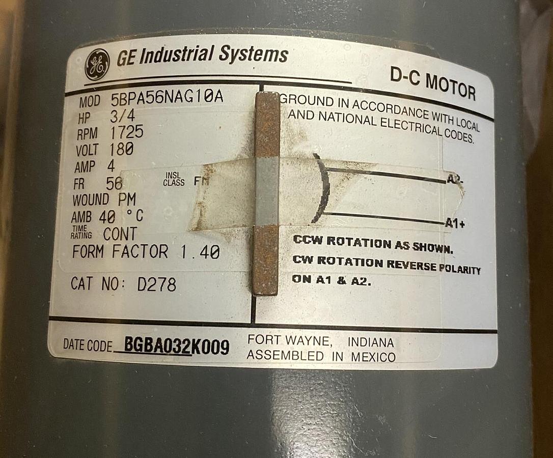 GENERAL ELECTRIC,5BPA56NAG10A,MOTOR 4A 3/4HP 1800RPM 200VDC 3PH NEW