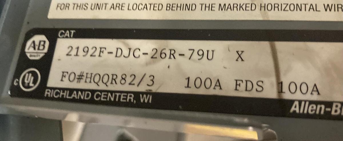 Used Allen-Bradley,2100 2192F,18 Inch 100A MCC Disconnect Feeder Bucket