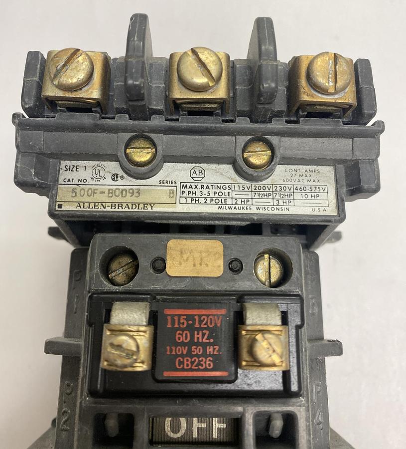 Used ALLEN-BRADLEY,500F-BOD93,SIZE 1 STARTER 27A 600V