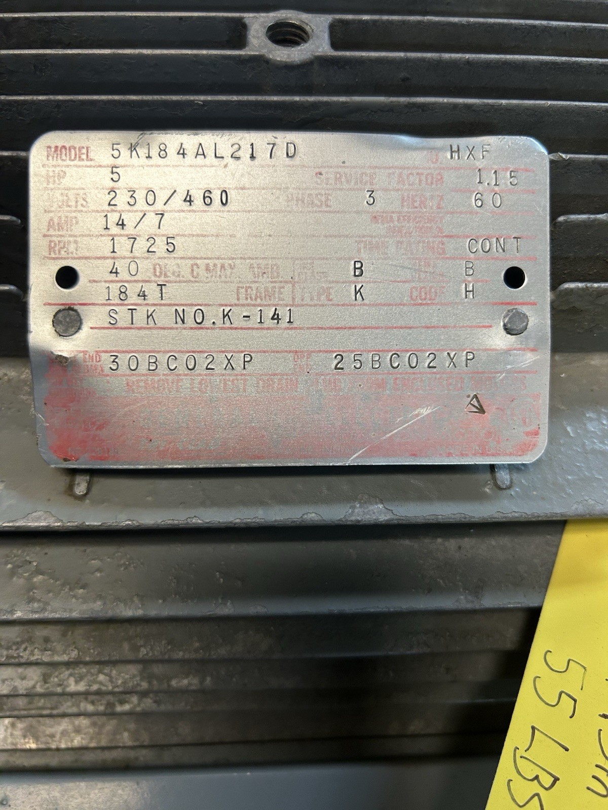 Used GE,5K184AL217D,AC MOTOR 5HP 230/460V 1725RPM 3PH 184T FRAME