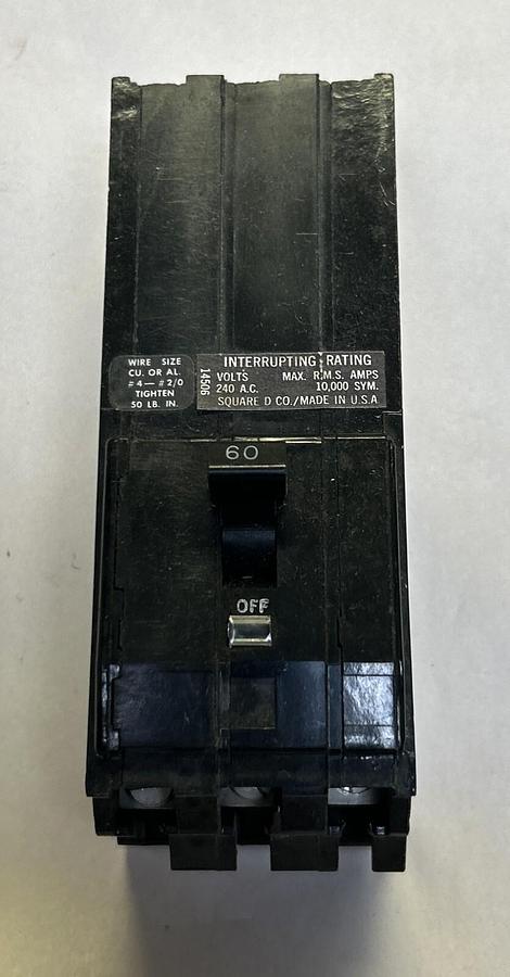 Used SQUARE D,Q1U360,CIRCUIT BREAKER 60A 240V 3P