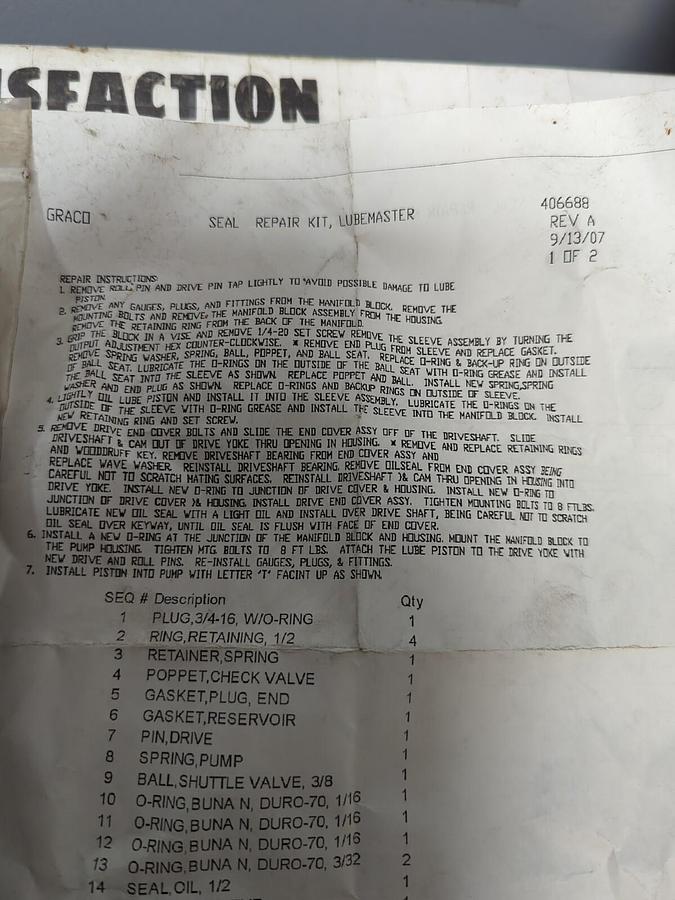 GRACO,563921,LUBEMASTER REPAIR KIT NOS