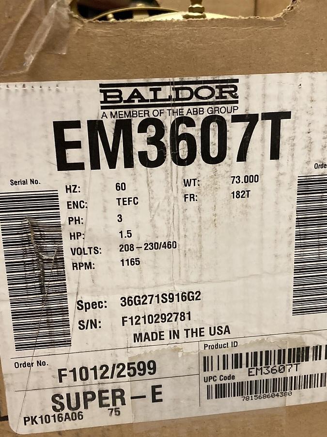 Baldor,EM3607T,3-Phase Motor 1.5HP 1165RPM 182T 208-230/460V