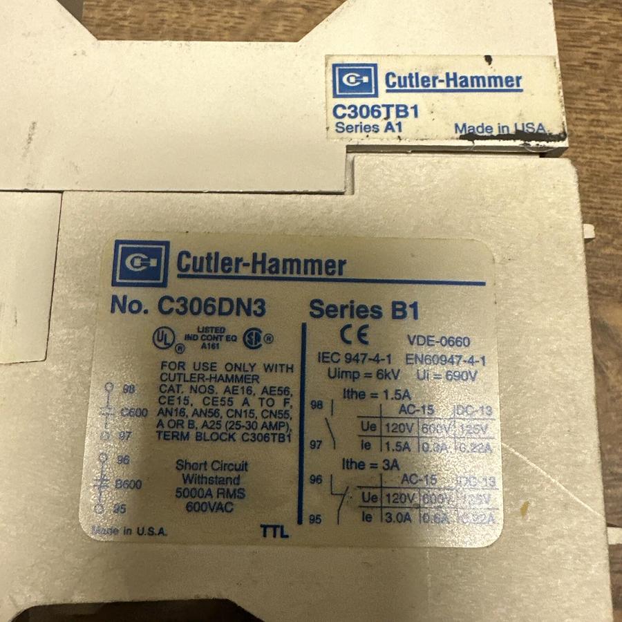 Used Cutler Hammer,C306DN3,W/C306TB1 Overload Relay