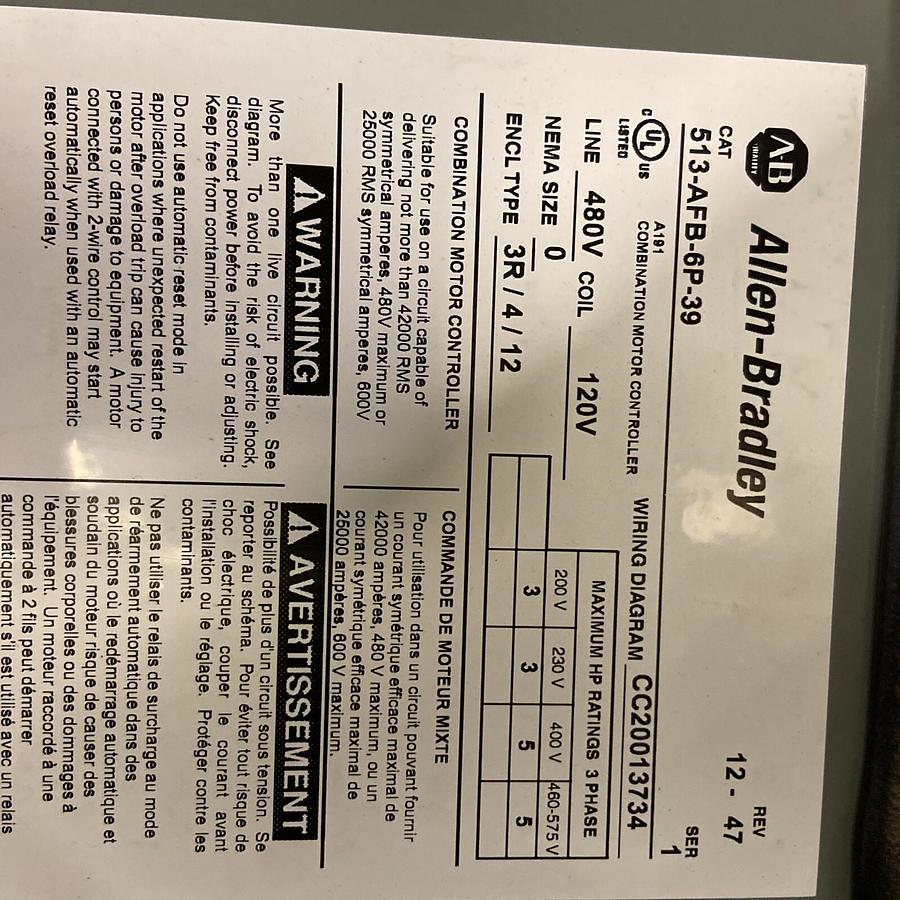 ALLEN BRADLEY,513-AFB-6P-39,COMBINATION CIRCUIT BREAKER STARTER NEMA SIZE 0