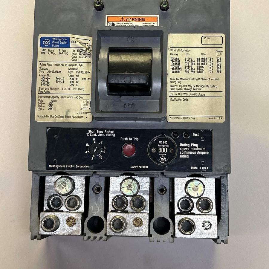 Used WESTINGHOUSE,HMC3800F,CIRCUIT BREAKER 800A 600V 3P