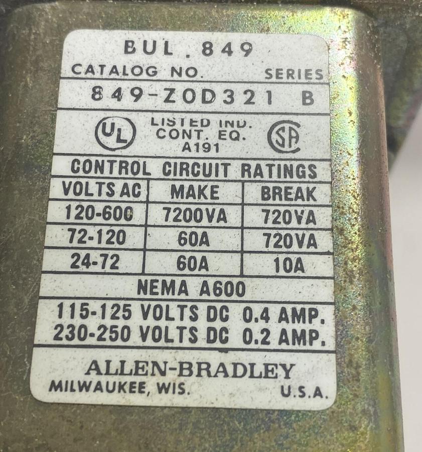 ALLEN-BRADLEY,849-ZOD321,SERIES B PNEUMATIC TIMING RELAY NEW