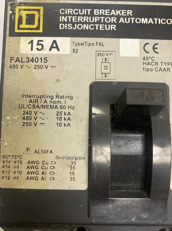 Used Square D,FAL34015,Circuit Breaker 15A 480V 3 Pole