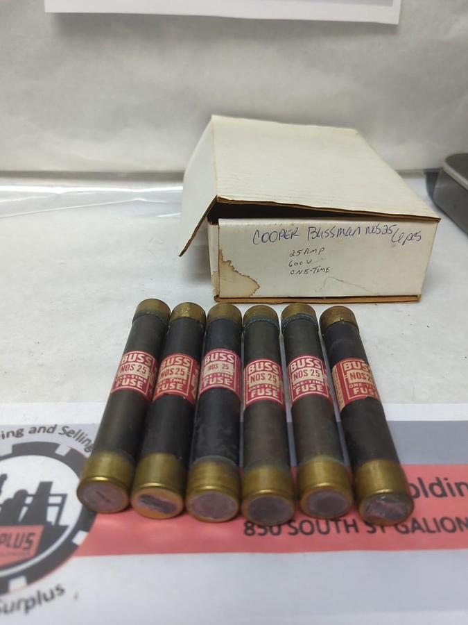 Used COOPER BUSSMANN,NOS 25,ONE-TIME 25 AMP FUSE LOT OF 6 PRE-OWNED