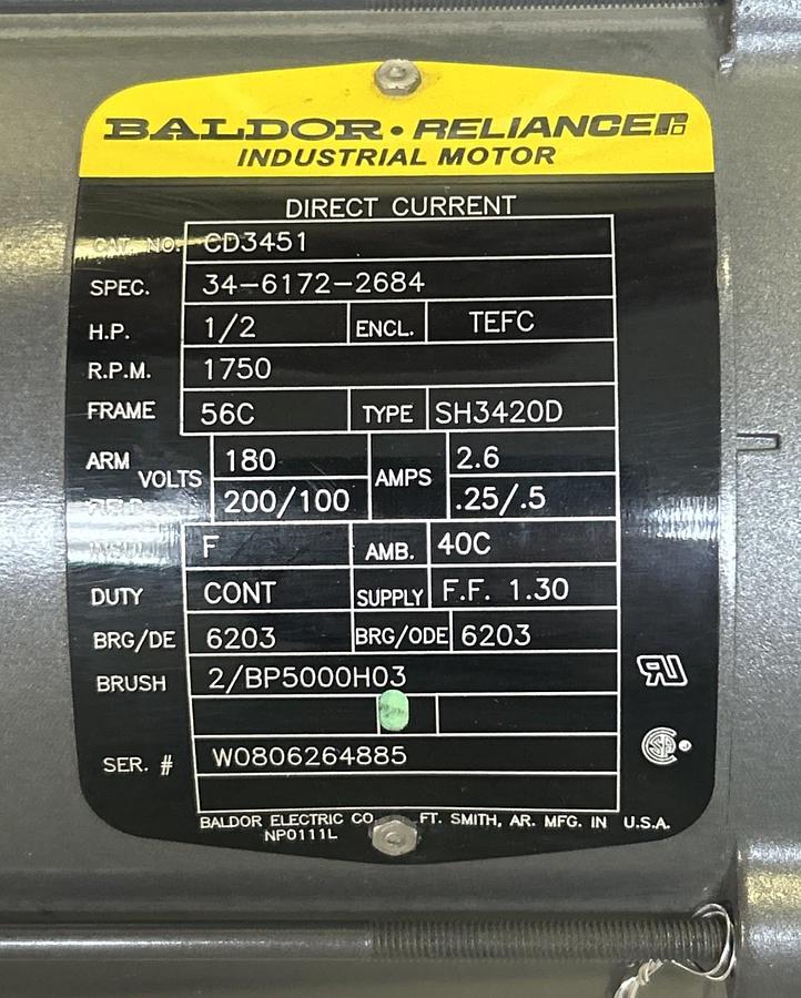 BALDOR,CD3451,DC MOTOR 1/2HP 1750RPM 180VDC 56C FRAME
