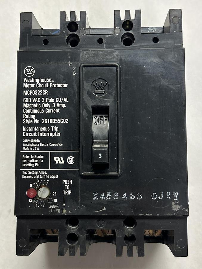 Used WESTINGHOUSE,MCP0322CR,CIRCUIT BREAKER 3A 600V 3P