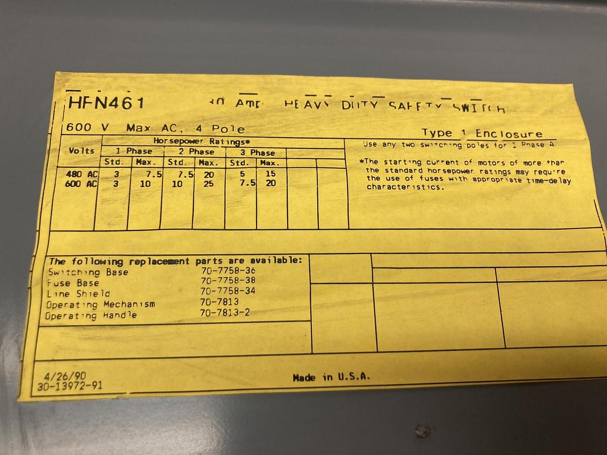 Used Westinghouse,HFN461,Disconnect Safety Switch