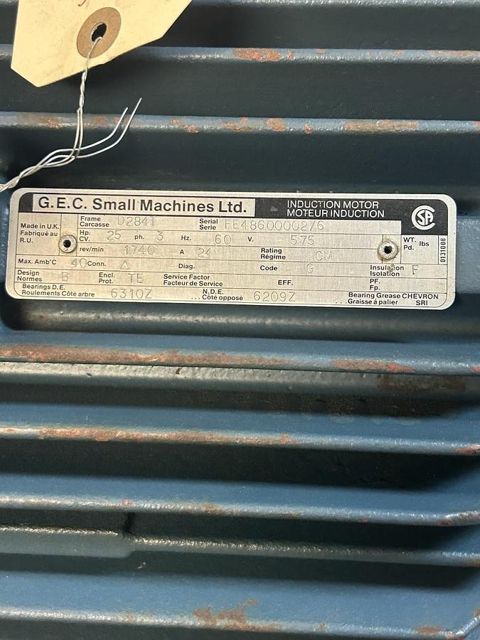 Used GEC SMALL MACHINES,D284T,MOTOR 25HP 575V 1740RPM 3PH D284T FRAME