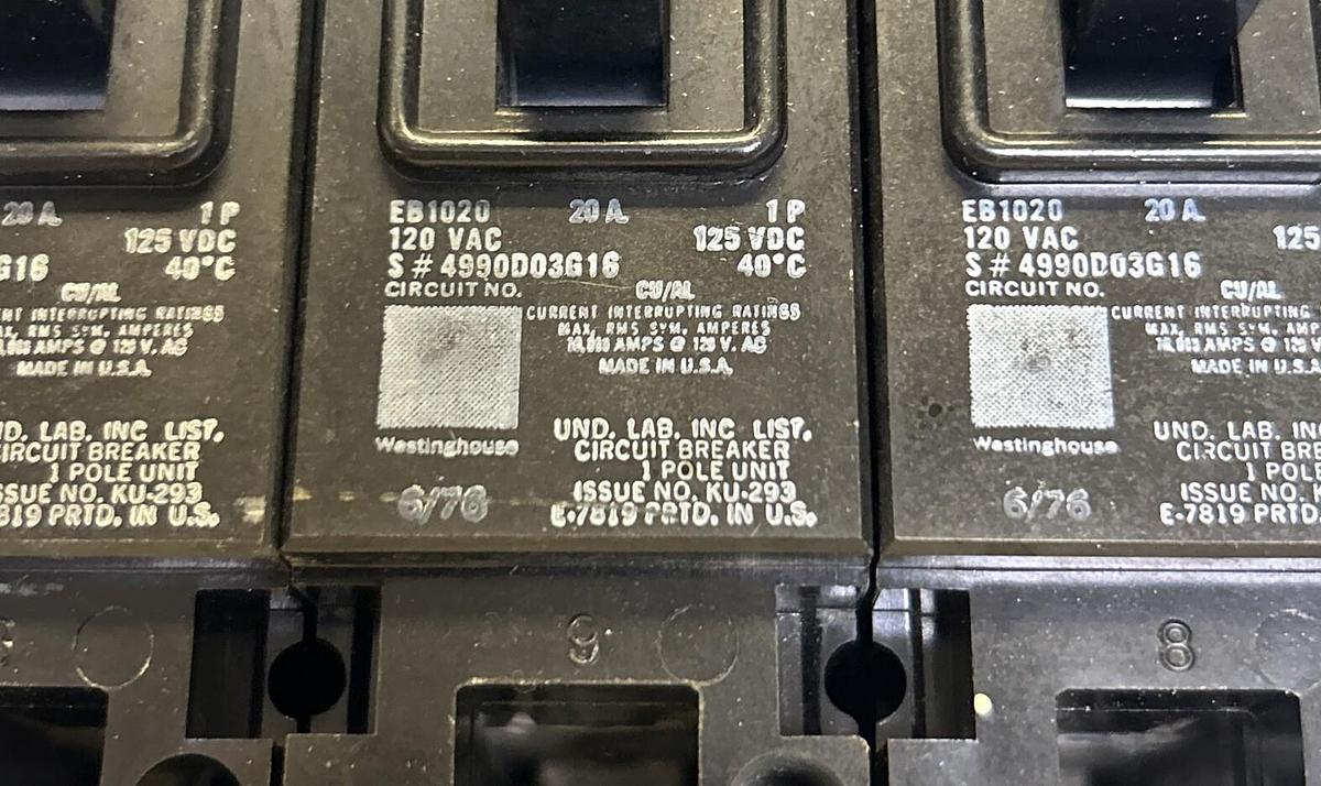 Used WESTINGHOUSE,EB1020,CIRCUIT BREAKER 20A 120V 1P LOT OF 3