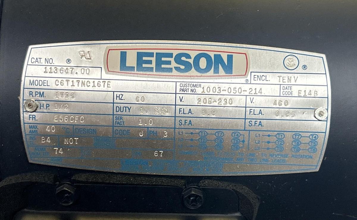 LEESON,113647.00,MOTOR MODEL C6T17NC167E 1/2HP 1725RPM 208-230/460V E56CFC FRAME