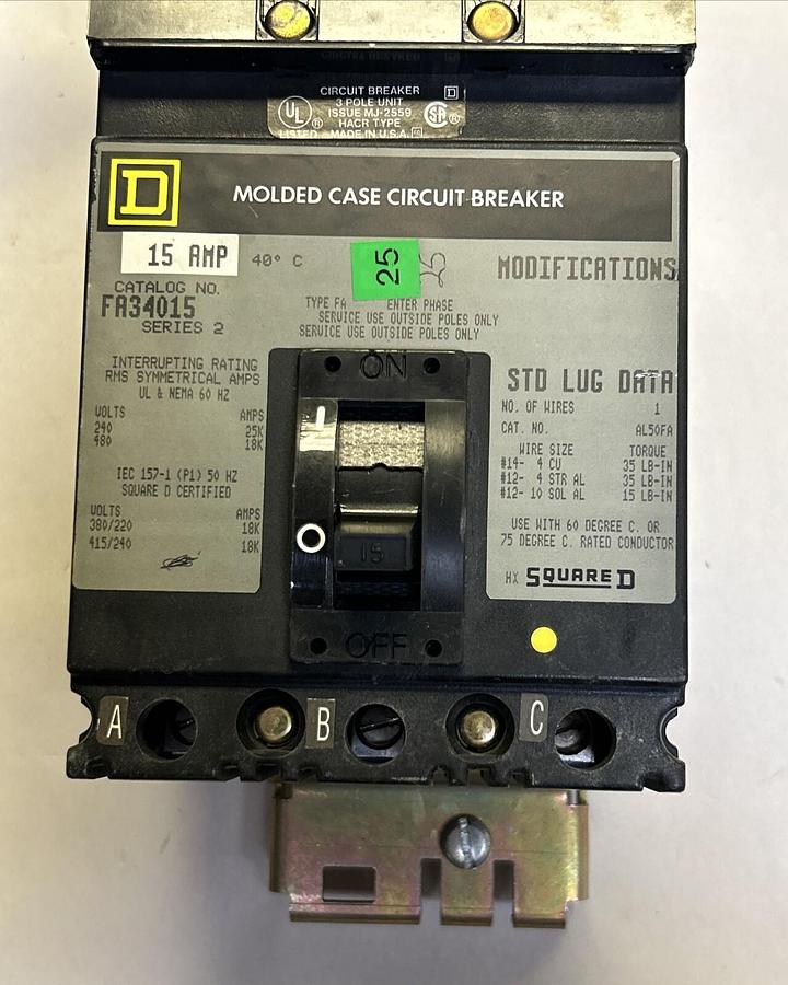 Used SQUARE D,FA34015,I-LINE CIRCUIT BREAKER 15A 480V 3P