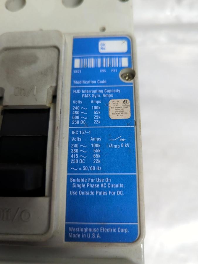 Used WESTINGHOUSE,HJD3250F,INDUSTRIAL CIRCUIT BREAKER 250 AMP 600V 3-POLE PRE-OWNED