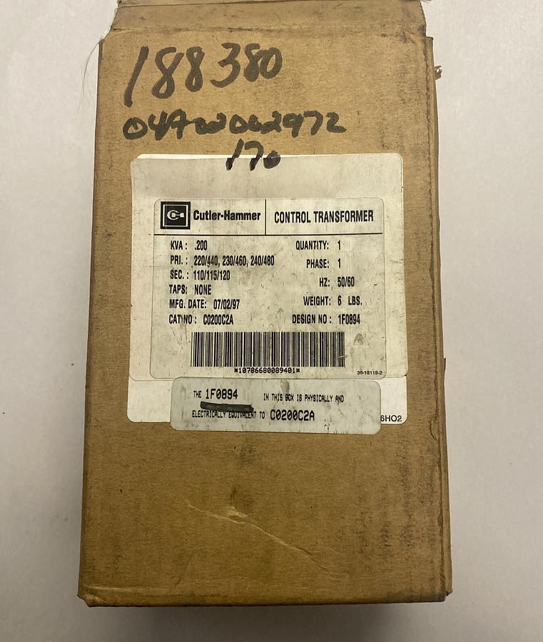 CUTLER HAMMER,C0200C2A,CONTROL TRANSFORMER 0.200KVA NEW