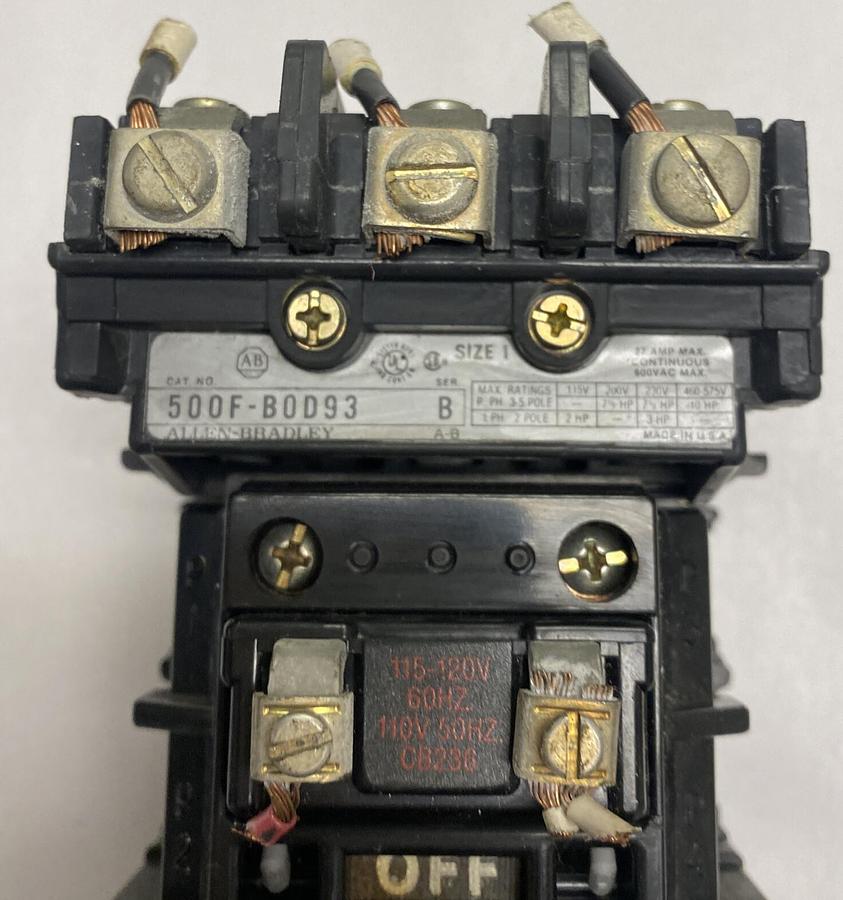 Used ALLEN-BRADLEY,500F-B0D93,SER B SIZE 1 STARTER 27A 600V