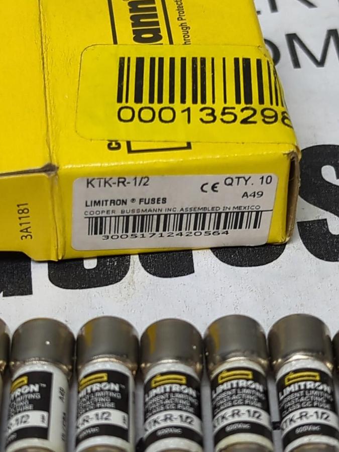 COOPER BUSSMANN,KTK-R-1/2,LIMITRON 1/2 AMP FUSES BOX OF 10 NEW