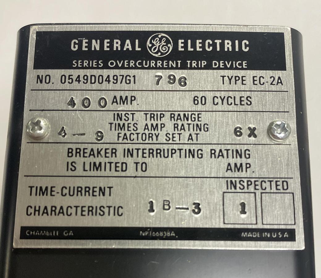Used GENERAL ELECTRIC,0549D0497G,1 OVERCURRENT TRIPPING DEVICE 400A