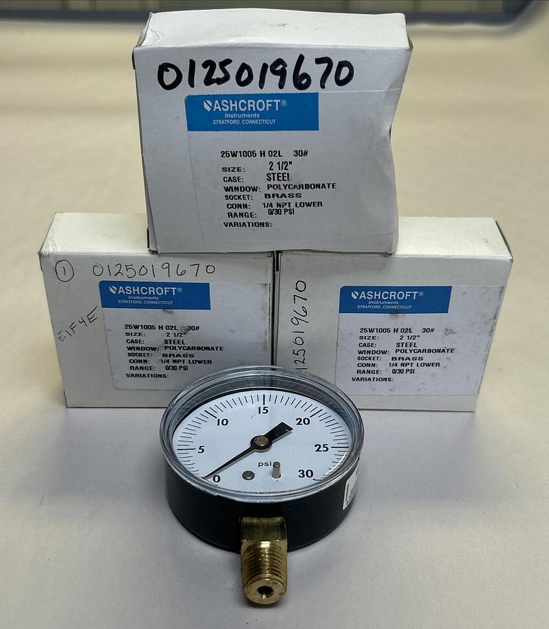 Used ASHCROFT,25W1005H02L,PRESSURE GAUGE 0-30PSI 2-1/2INCH LOT OF 3 NOS