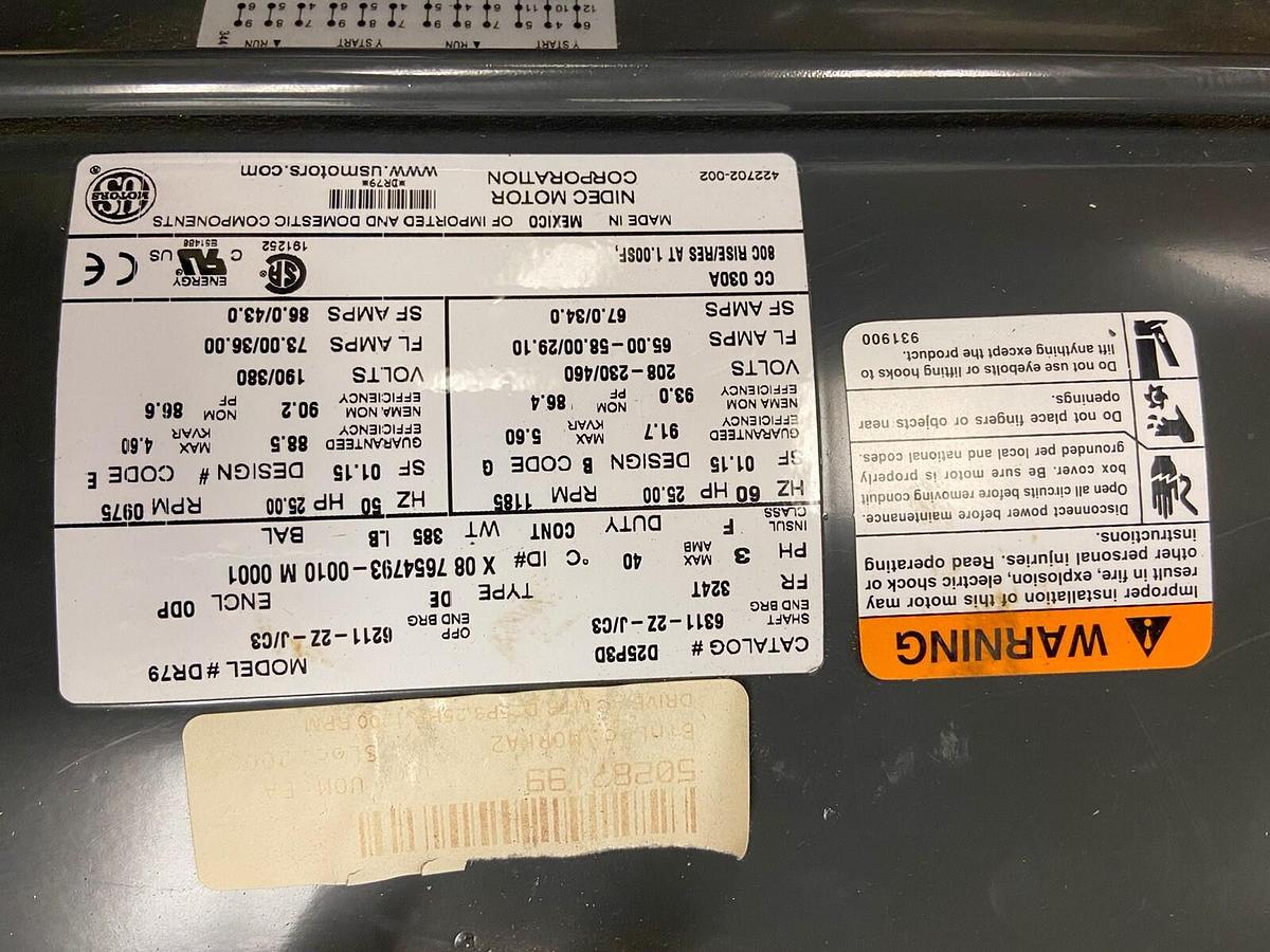 Used US Motors,D25P3D,25Hp Motor 1185RPM 208-230/460V Frame 324T