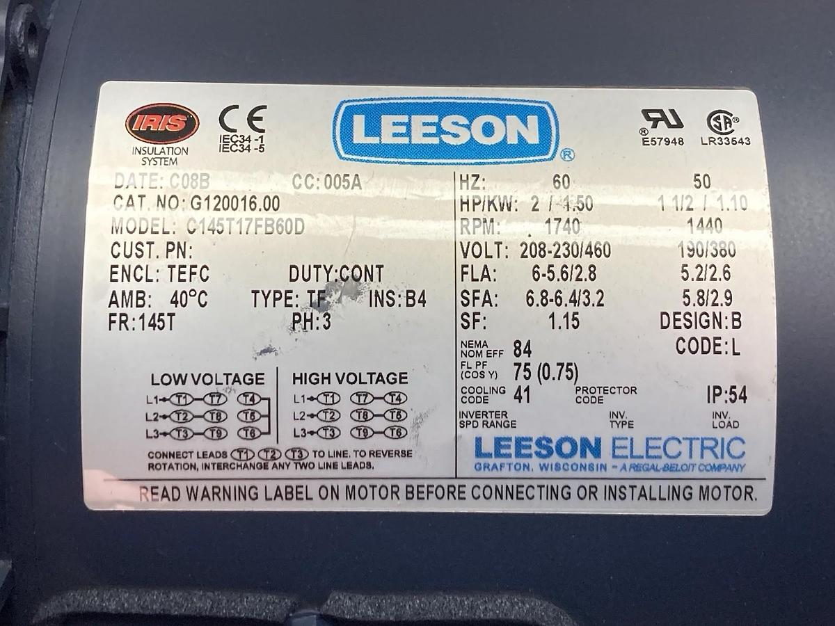 Leeson,C145T17FB60D,3-Phase Electric Motor 145T Frame 60/50Hz 1740/1440rpm