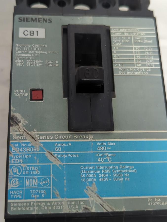 Used SIEMENS,ED43B060,CIRCUIT BREAKER 60 AMP 480 V 3-POLE PRE-OWNED
