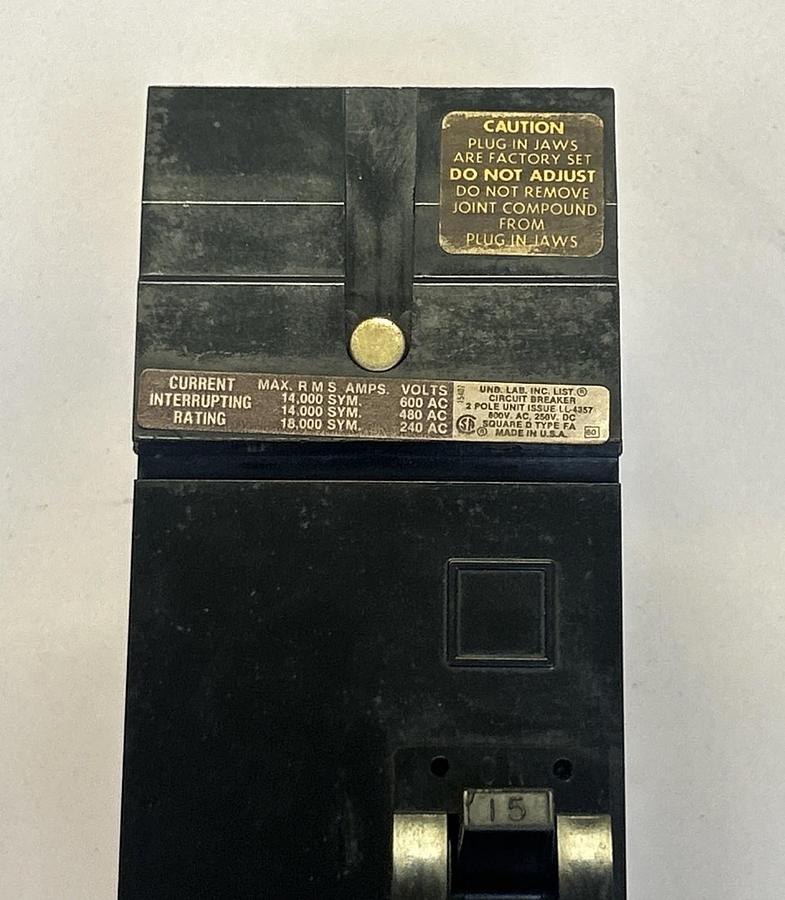 Used SQUARE D,FA26015AC,I-LINE CIRCUIT BREAKER 15A 600V 2P