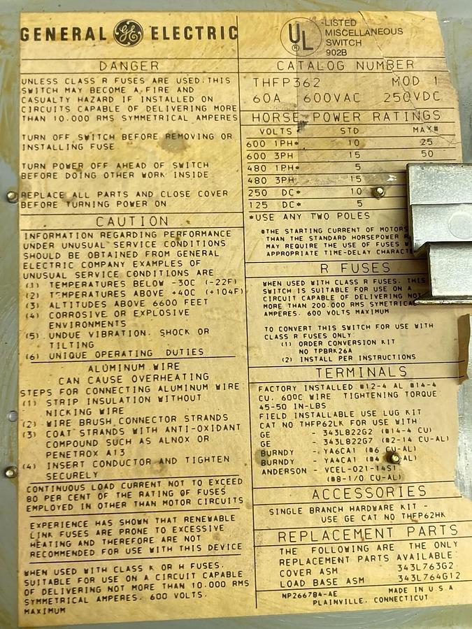 Used GE,THFP362/QMR-362L, Twin Fusible Panelboard Switch Disconnect 60A 600Vac