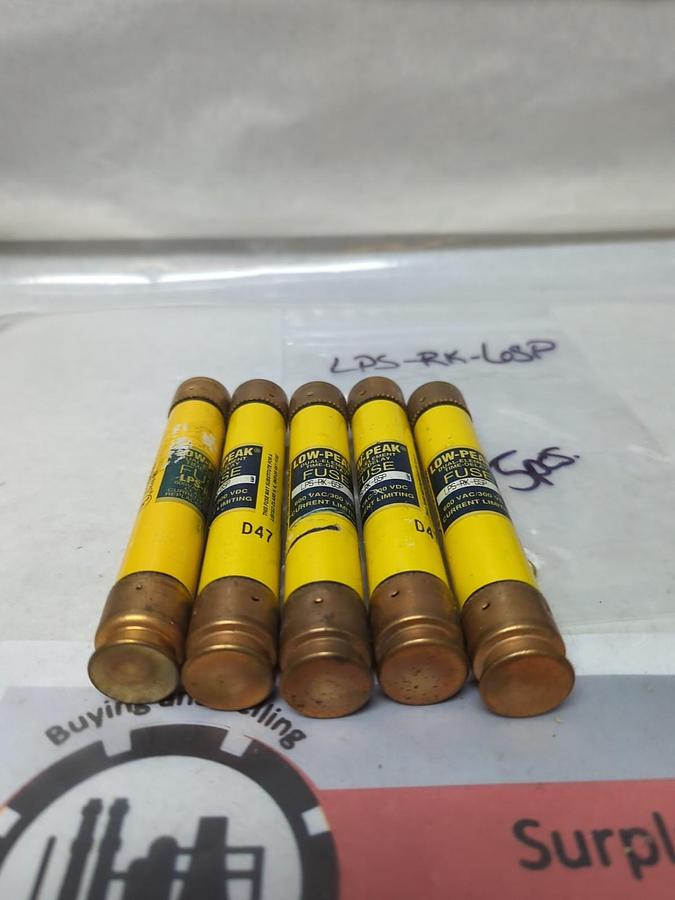Used COOPER BUSSMANN,LPS-RK-6SP,LOW-PEAK 6 AMP FUSE LOT OF 5 PRE-OWNED