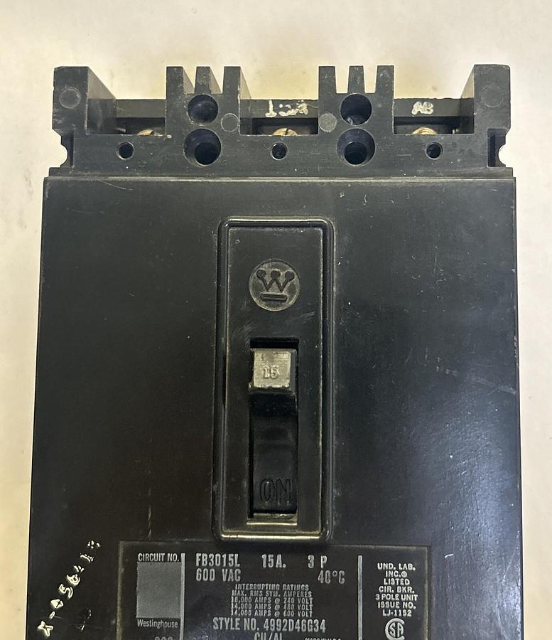 Used WESTINGHOUSE,FB3015L,CIRCUIT BREAKER 15A 600V 3P
