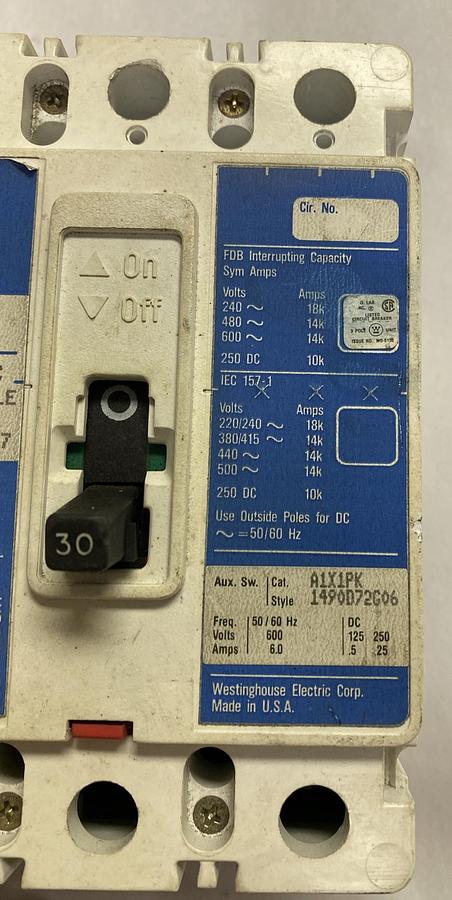 WESTINGHOUSE,FDB3030,CIRCUIT BREAKER 30A 600V 3P NOS