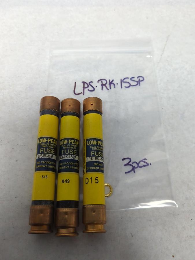 Used COOPER BUSSMANN,LPS-RK-15SP,LOW-PEAK 15 AMP FUSE LOT OF 3 PRE-OWNED