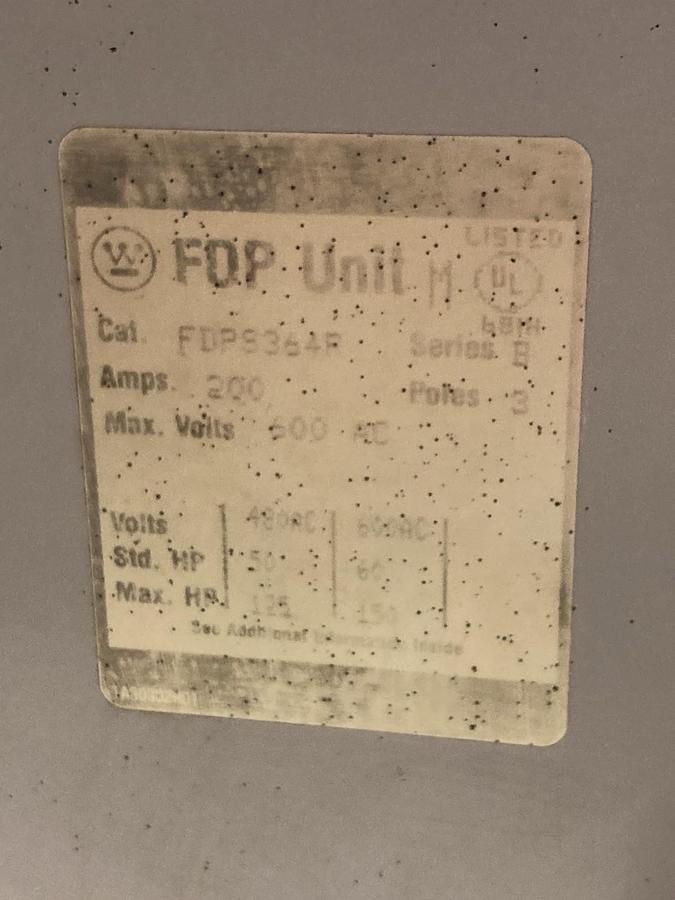 Used Westinghouse,FDPS364R,3-Pole Switch Busway Plug 200A 600V