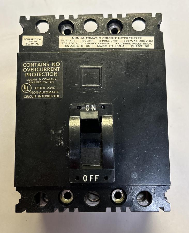 Used SQUARE D,FAL36000,CIRCUIT BREAKER 100A 600V 3P