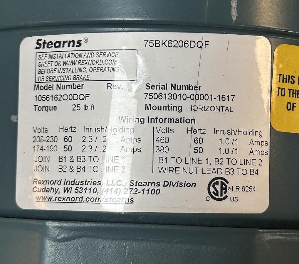 Used BALDOR,184TC,SEVERE DUTY MOTOR 5HP 460V 1750RPM 3PH / STEARNS 1056162Q0DQF BRAKE