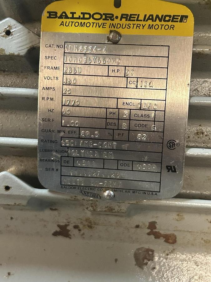 Used BALDOR,AEM2334-4,MOTOR 20HP 460V 1770RPM 3PH 286U FRAME
