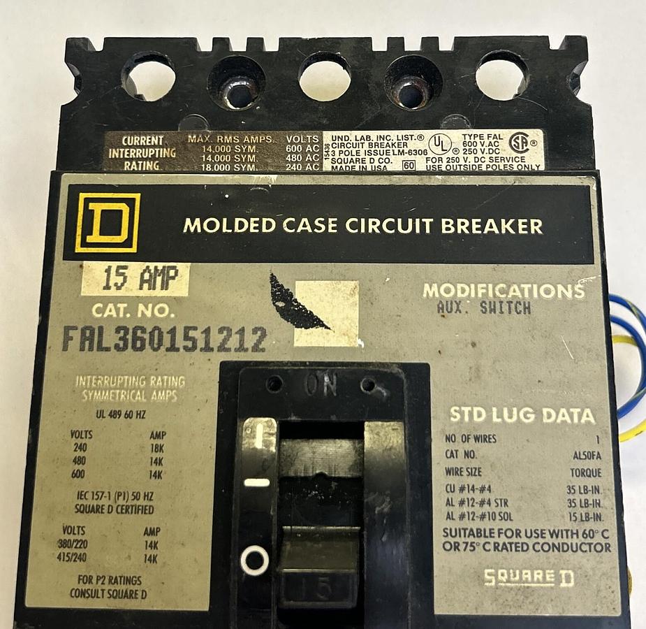Used SQUARE D,FAL360151212,CIRCUIT BREAKER 15A 600V 3P
